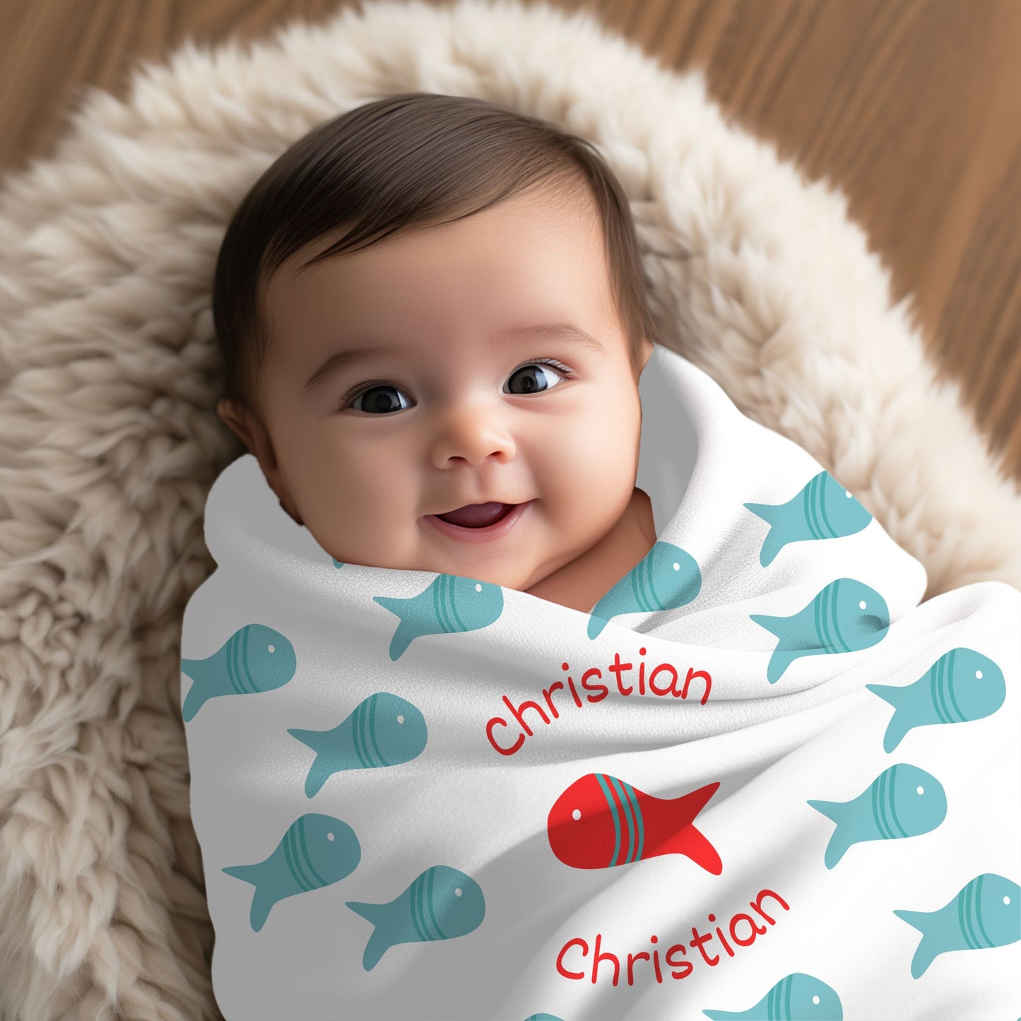 Coperta bambino/a personalizzata con pesciolini 125x150 cm