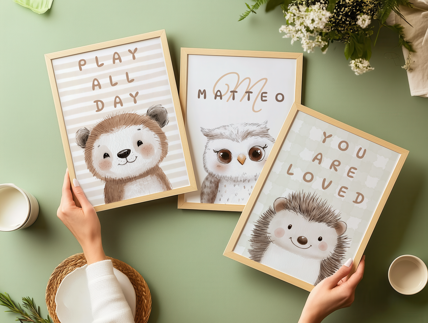 3 stampe per la cameretta dei bambini con nome personalizzato e animali del bosco