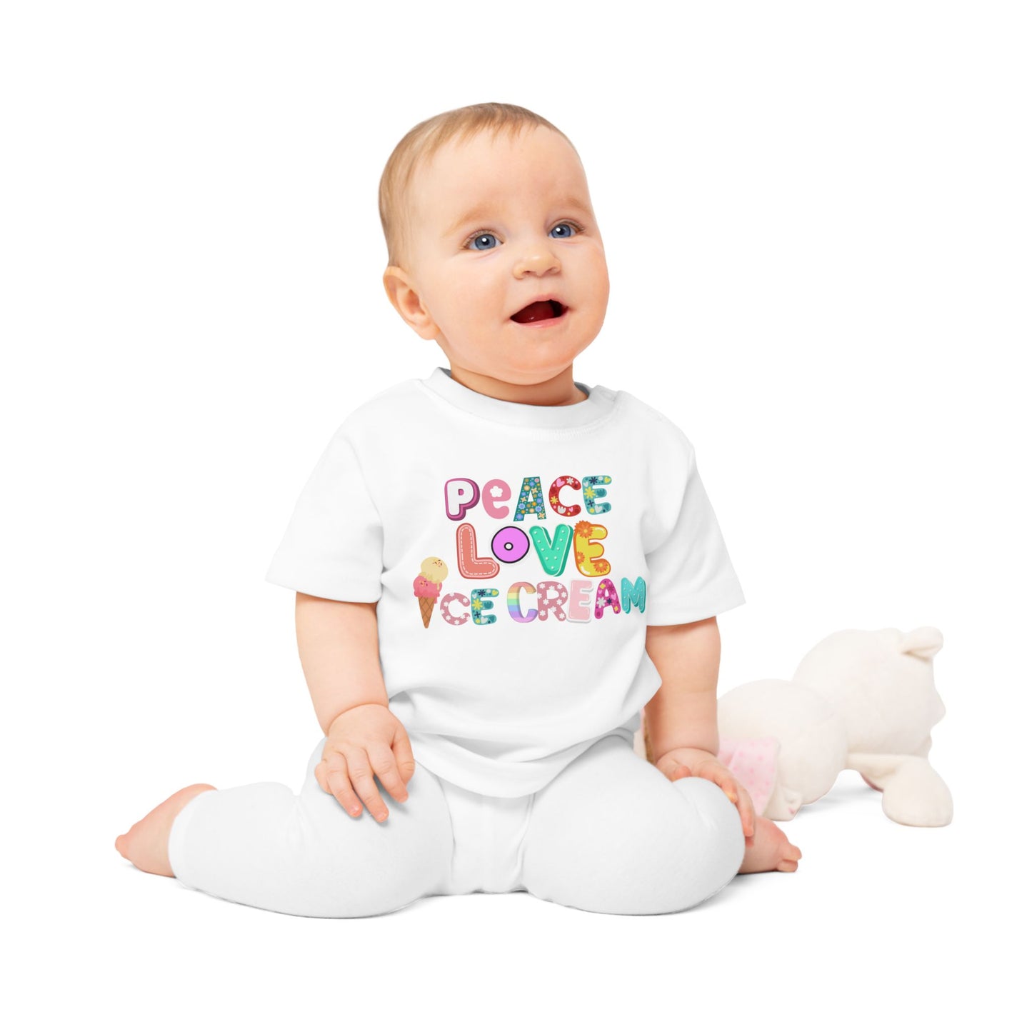 Maglietta Bio per Bebè - Design Peace Love Ice Cream