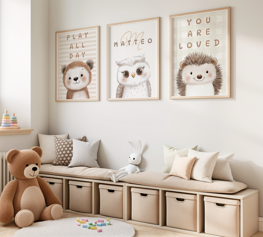 3 stampe per la cameretta dei bambini con nome personalizzato e animali del bosco